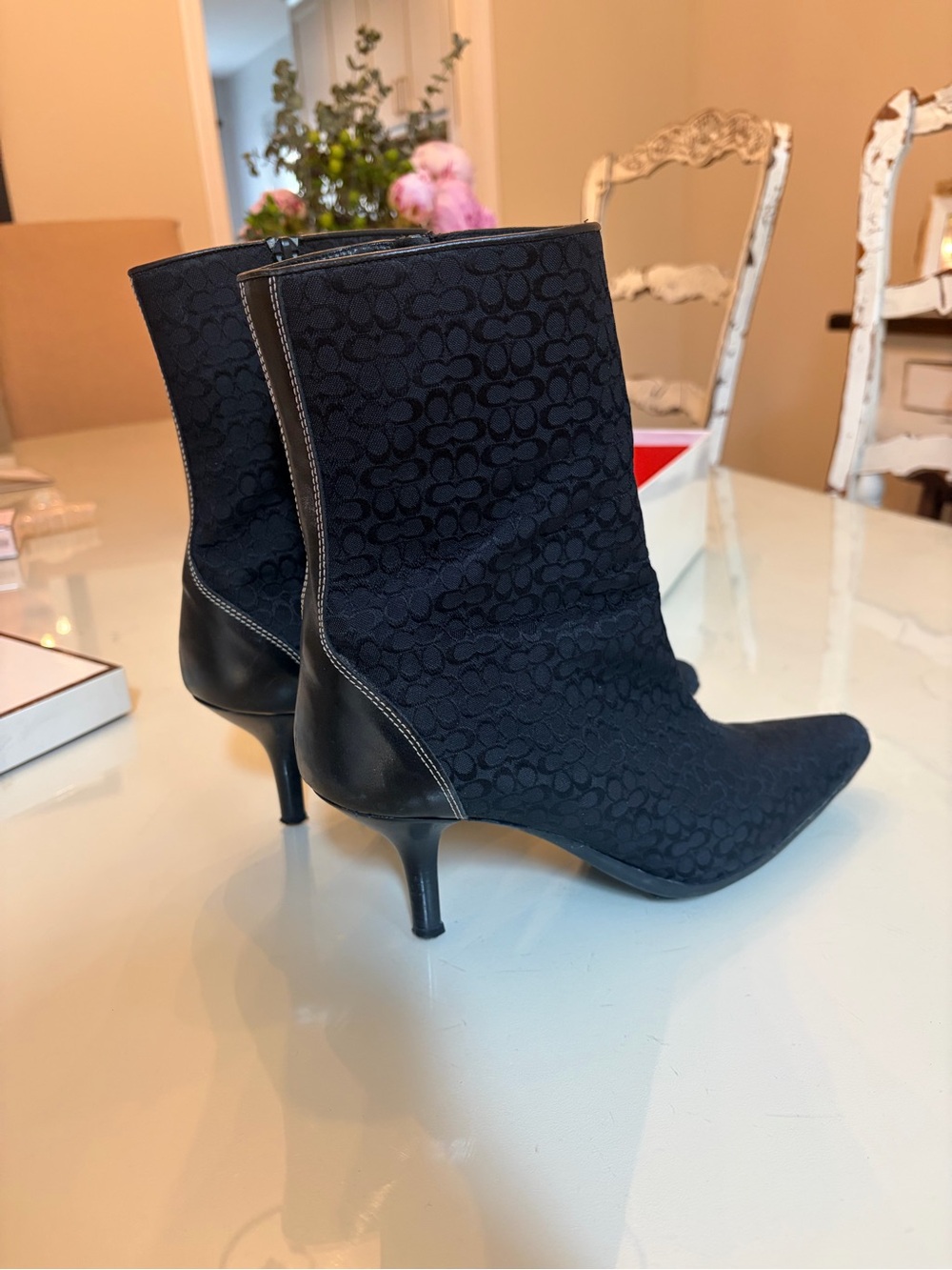 Vintage Coach Black Signature Jacquard Pointed-Toe Mid-Calf Heel Boot - Picture 2 of 10